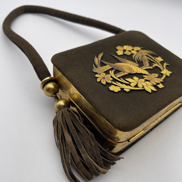 Vintage Minaudiere Cosmetic Purse Embellished Damascene Compact Vanity Bag - Picture 5 of 15